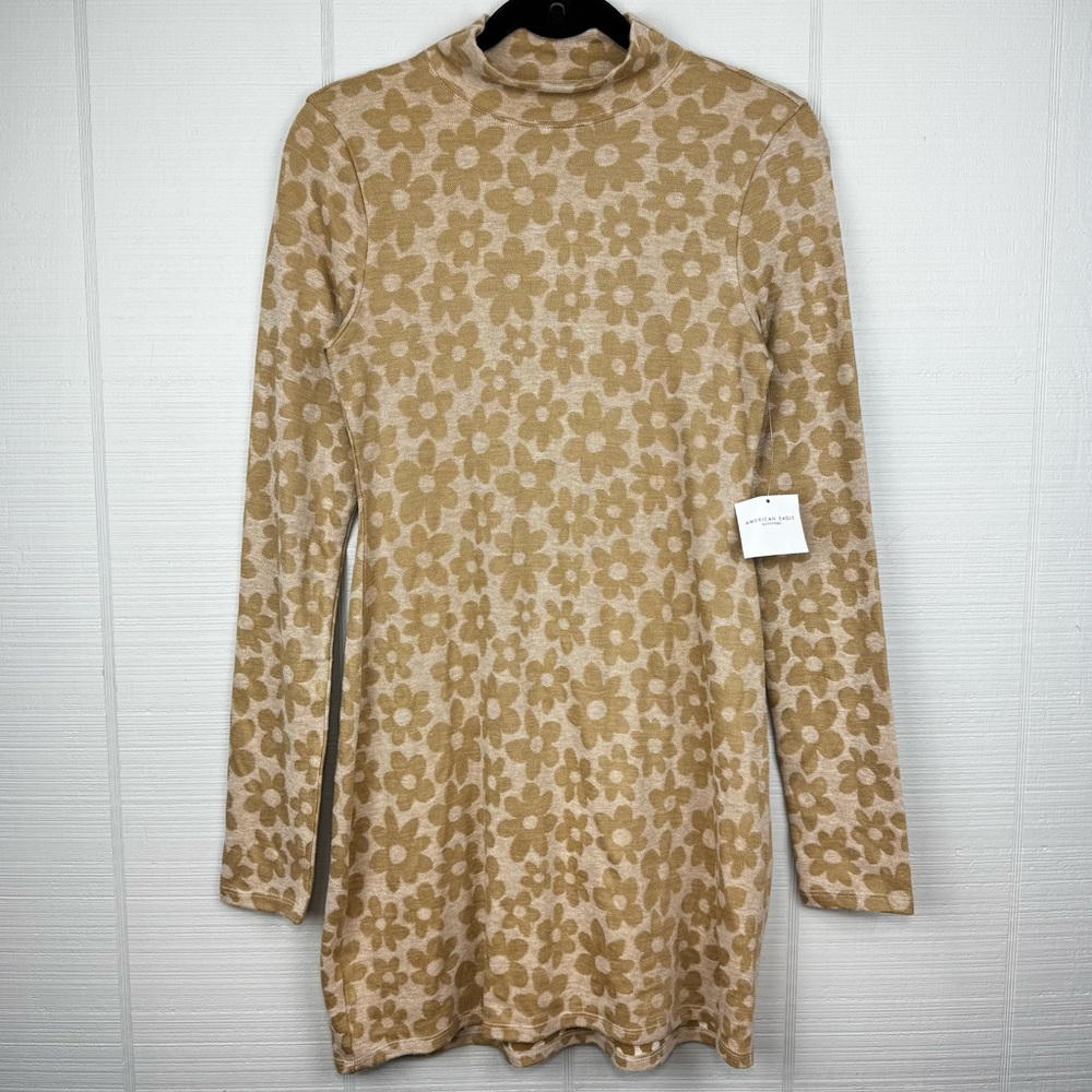 NWT American Eagle Tan Daisy Floral Mini Mock Neck Sweater Dress Retro Y2K 70s